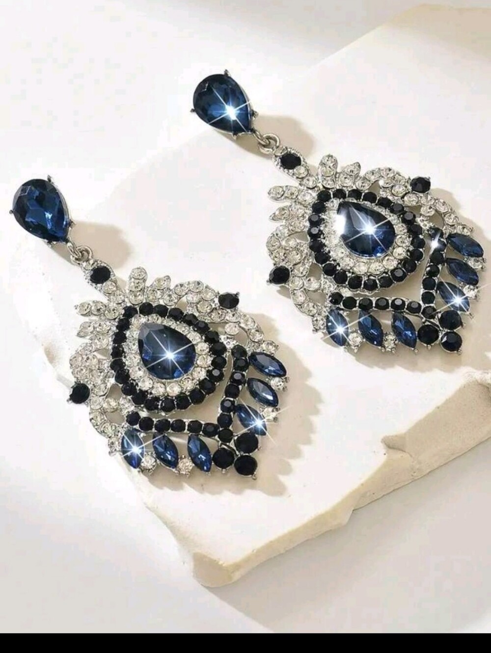 BRAND NEW ** Statement Navy Blue and Clear Crystal Teardrop Dangle Earrings